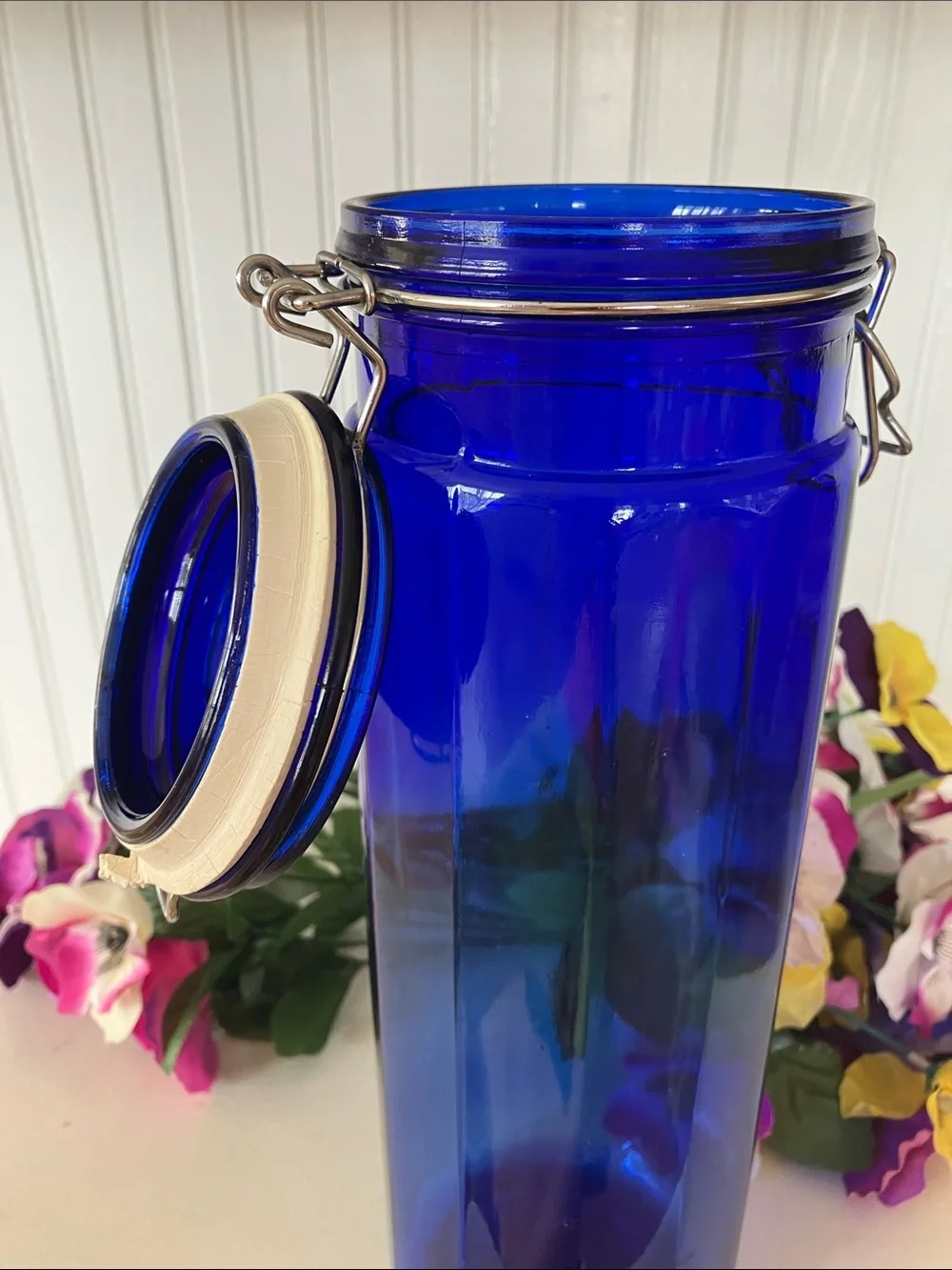 Cobalt Blue Cylinder Glass Jar With Wire Clamp Hinged Lid